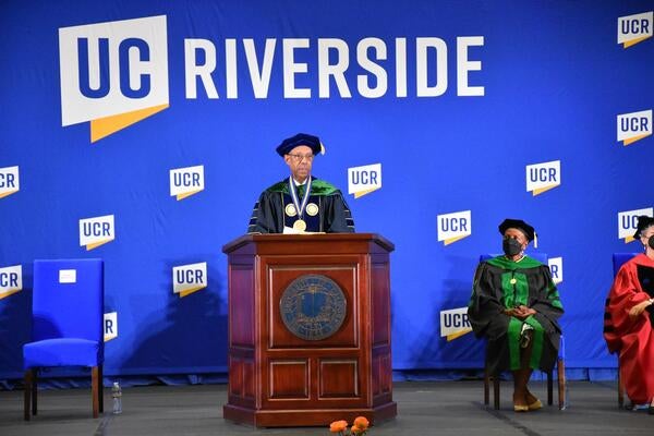 UC President Dr. Michael Drake speaks at the UCR School of Medicine Commencement ceremony on June 3, 2022