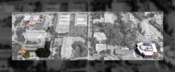 an aerial view of the eastern side of the UCR Campus with the SOM buildings highlighted.