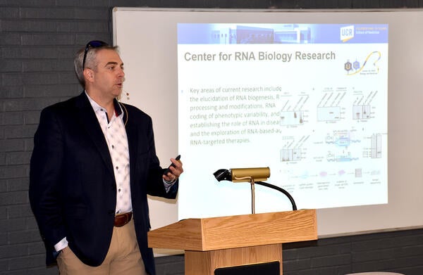 Professor Scott Pegan addresses guests at the Biomedical Sciences lecture at the 2023 Open House