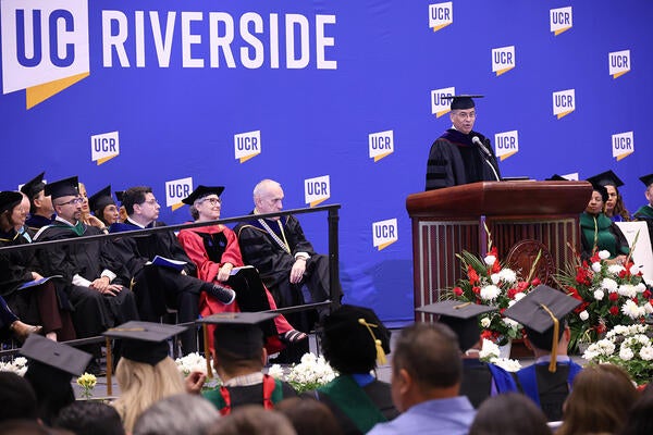 Xavier Becerra addresses the audience at the School of Medicine commencement ceremony