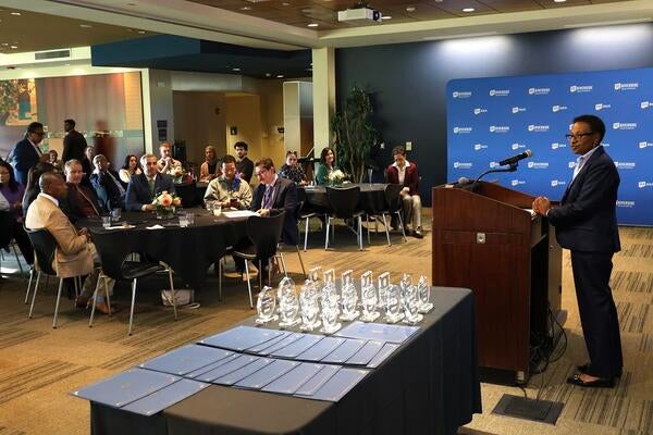 VC and Dean Deborah Deas speaking to attendees at the event