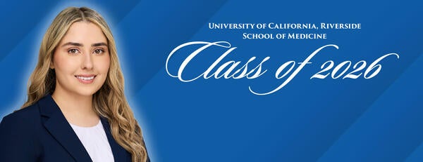 Headshot of Helen Setaghiyan on a blue background next to text reading "Class of 2026"