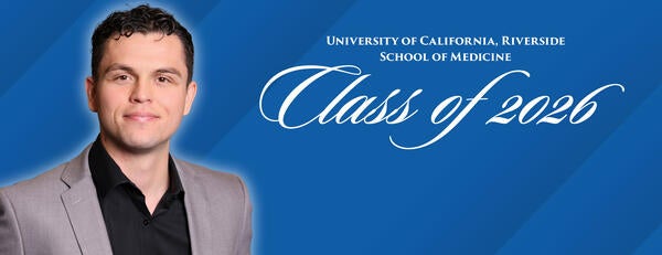 Headshot of Javier Prieto on a blue background next to text reading "Class of 2026"