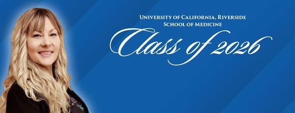 Headshot of Alicia Junker on a blue background next to text reading "Class of 2026"