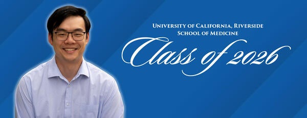 Headshot of Andrew Huang on a blue background next to text reading "Class of 2026"