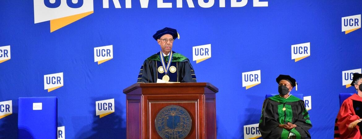 UC President Dr. Michael Drake speaks at the UCR School of Medicine Commencement ceremony on June 3, 2022