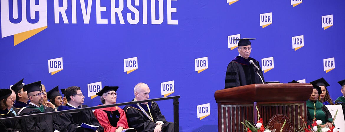 Xavier Becerra addresses the audience at the School of Medicine commencement ceremony