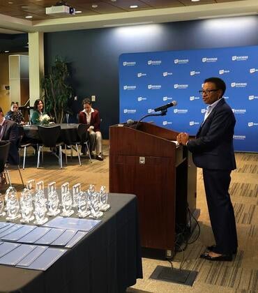 VC and Dean Deborah Deas speaking to attendees at the event