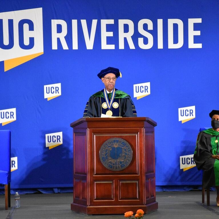 UC President Dr. Michael Drake speaks at the UCR School of Medicine Commencement ceremony on June 3, 2022