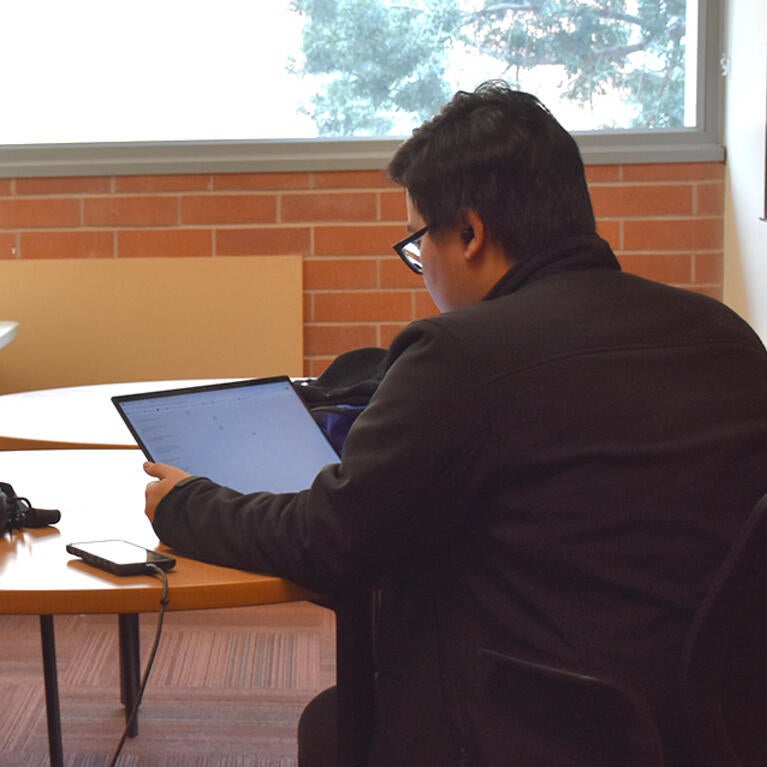 A UCR Medical Student uses his laptop in a student lounge.