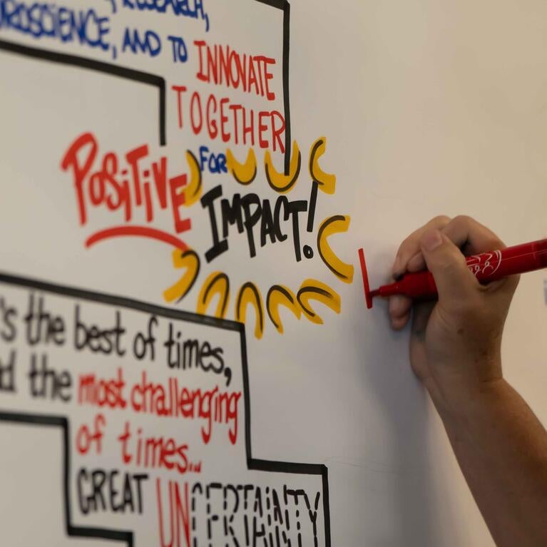 Hand holding a red marker over a board reading "positive impact!"