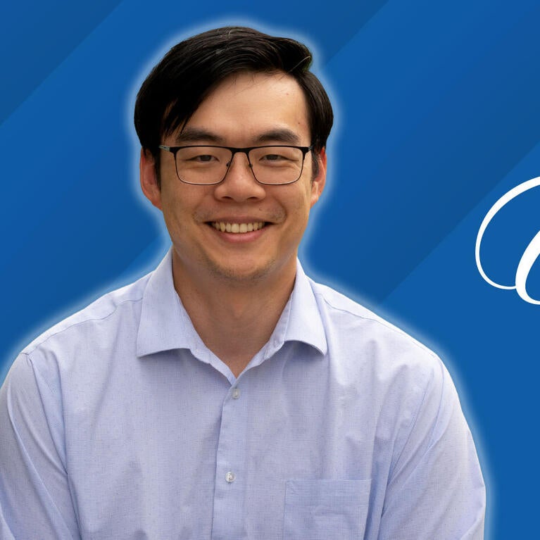 Headshot of Andrew Huang on a blue background next to text reading "Class of 2026"